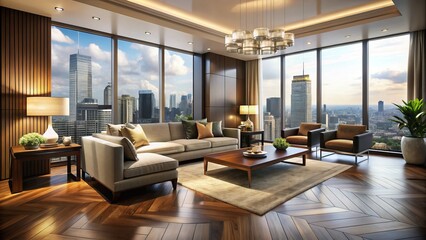 Elegant living room with dark wood floors, creamy walls, and floor-to-ceiling windows showcasing a breathtaking cityscape view in a luxurious modern apartment.