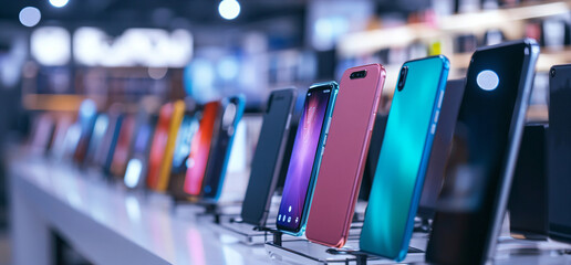 Row of Smartphones on Display in Electronics Store.
