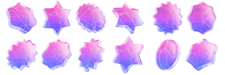 3D glass sticker icon set, crystal gradient transparent star promotion button, ice circle wavy edge. Retro futuristic brutal geometric object, holographic crack glossy tag, UI award. 3D sticker sale