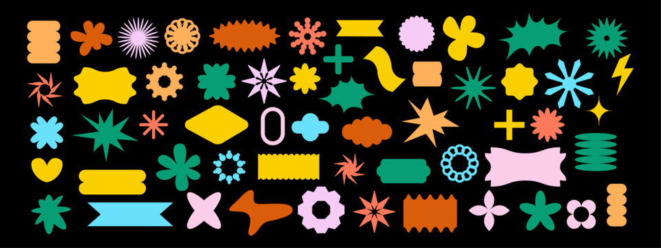 Y2k abstract groovy shape set, vector funky cute flower minimal sticker kit, wavy objects, stars. Brutal geometric frame, flat basic form, colorful futuristic design graphic. Brutalism groovy shapes