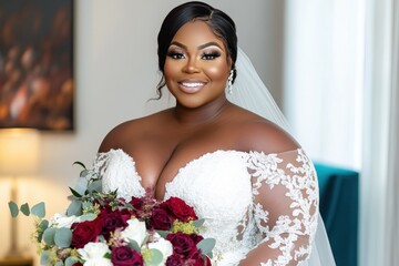 Radiant bride holding bouquet in beautifully lit room