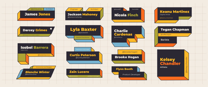 Old retro vintage set of 15 colorful lower thirds for social media accounts. Old UI computer aesthetics. Trendy colorful name badges.