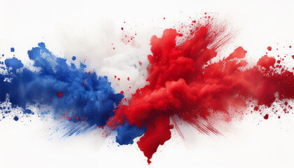 Labor day Red, White and Blue colored dust explosion background. Splash of American flag colors smoke dust on white background, Independence Day, Memorial Day patriotic abstract pattern