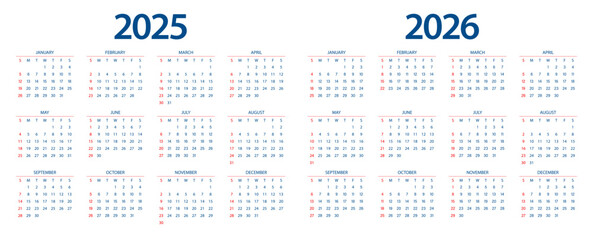 Calendar 2025, calendar 2026 week start Sunday corporate design planner template.