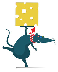 Cute rat or mouse holding a piece of cheese. 
Cartoon rat or mouse with a big slice of cheese

