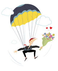 Falling in love skydiver man. 
Cartoon skydiver man holding a bunch of flowers. Isolated on white background
