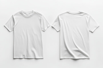 Flat lay of two white t-shirts showing both front and back sides on a white background