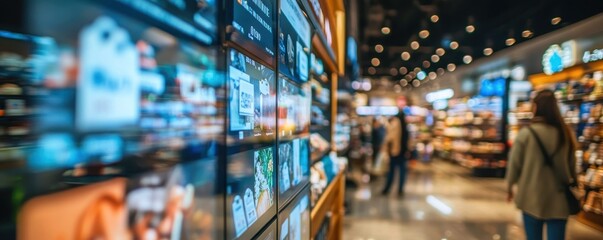 Obraz premium Dynamic Virtual Shopping Experience: Detailed Product Displays & Seller Ratings in Futuristic Global Marketplace