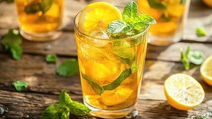 Fototapeta premium Iced green tea with floating lemon slices and mint leaves