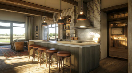 A cozy and stylish breakfast bar with pendant lighting