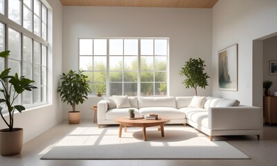 A modern living room with white walls, large windows, and natural light streaming in. The room features a white sofa, and a wooden coffee table.