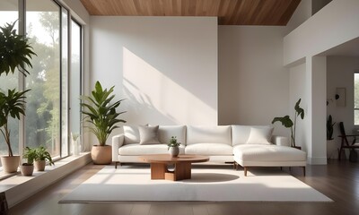 Fototapeta premium A modern living room with white walls, large windows, and natural light streaming in. The room features a white sofa, and a wooden coffee table.