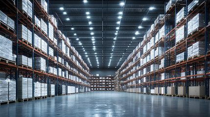 Warehouse industrial and logistics companies Empty warehouse, view down the asile with shelves and boxes Huge distribution warehouse with high shelves, Generative AI