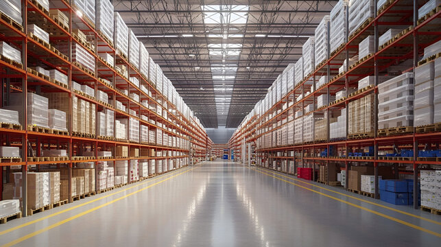 Warehouse industrial and logistics companies Empty warehouse, view down the asile with shelves and boxes Huge distribution warehouse with high shelves, Generative AI