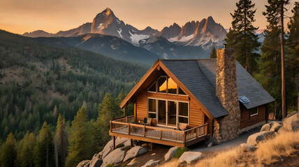 Fototapeta premium A charming A frame mountain cabin perched on a rocky