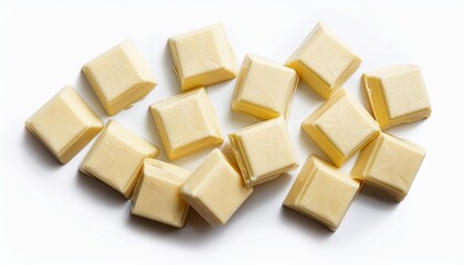 Cubes of white milk chocolate bar isolated on white background. Pieces of irregular shape for package design. Top view. Flat lay.