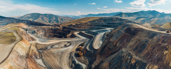 An open pit mine. Gold, diamond, silver, minerals, or copper mine concept. Top view.	