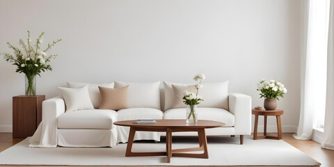 A minimalist living room with a white sofa, a wooden side table, and a vase of flowers on the table.