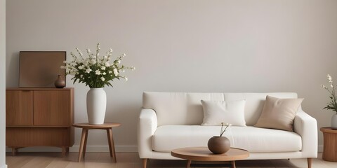 A minimalist living room with a white sofa, a wooden side table, and a vase of flowers on the table.