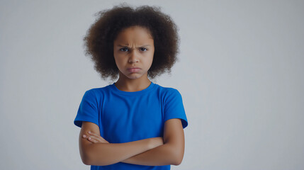 Portrait of young African-American girl with upset and angry expression, studio shot on light gray background, copy space
