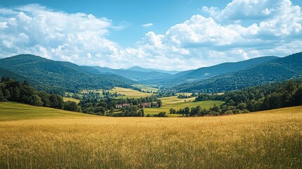 Fototapeta premium Scenic view of a lush valley surrounded by forested hills, with golden fields and scattered farmhouses under a bright sky.