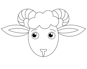 The head of a cute cartoon ram is a vector linear picture for coloring. Outline. Muzzle of sheep, ram cute animal for children's coloring	