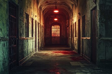 Eerie dimly lit corridor with bloodstains, evoking a sense of dread and horror, perfect for thriller or horror-themed projects.
