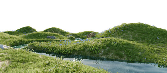 Serene river flowing through a lush green landscape. 3D render.