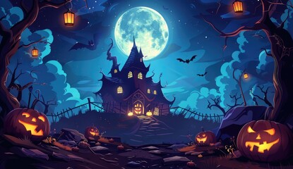 Creepy Halloween Scene: Spooky House with Pumpkins and Lanterns at Night