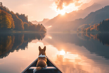 Wallpaper with Corgi sitting on a kayak in a lake during a calm sunset with warm light reflecting off the water. Enjoy peaceful moments with pet. For travel brochure, pet related wall art.