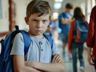 Fototapeta premium Concerned boy with crossed arms in a school hallway during lunchtime