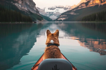 Wallpaper with Corgi dog sitting on kayak in tranquil mountain lake with reflections in photo realistic manner. Adventure and travel with pet. For pet friendly travel promotion, outdoor adventure blog