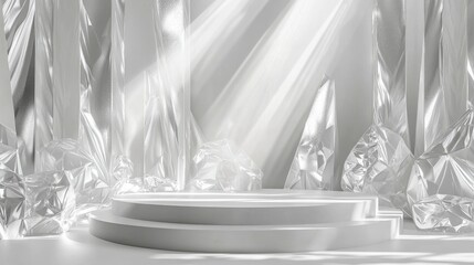 Elegant diamond white crystal backdrop, pristine surfaces reflecting brilliant light, ideal for showcasing cosmetic products on a sophisticated podium or stage pedestal.