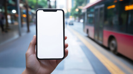 Urban smartphone usage with city bus in background