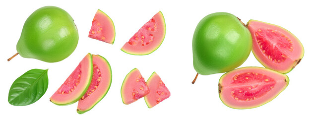 Guava fruit with slices isolated on white background with full depth of field. Top view. Flat lay