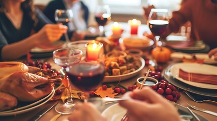 Thanksgiving table set with turkey stuffing and cranberry sauce with autumnthemed decorations and family members sharing gratitude