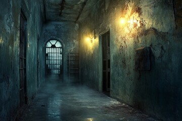 Eerie, dimly lit abandoned corridor with peeling walls and worn floors, creating a haunted and mysterious atmosphere.