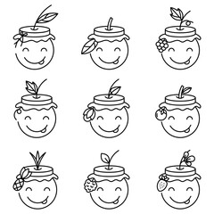 Icons with the image of a smiling man. Logo with the image of fruit. Cute licking emoji that closed his eyes from the delicious food. Smiley face in a hat in the form of a can lid.