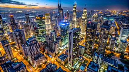 Obraz premium Aerial view of night city with skyscrapers