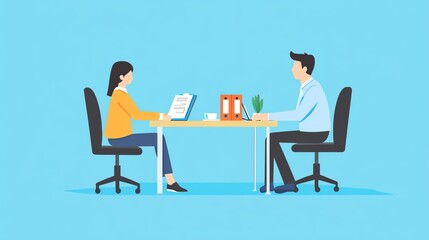 A manager conducting a performance review with an employee, both sitting across from each other at a desk, with folders and documents neatly arranged, formal, serious