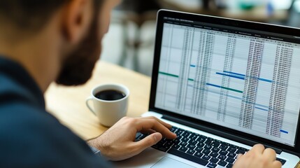 A data analyst reviewing a large spreadsheet filled with rows and columns of data, with a cup of coffee next to the laptop, organized, focused