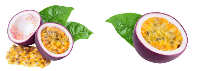 passion fruits half isolated on white background. maracuya with full depth of field