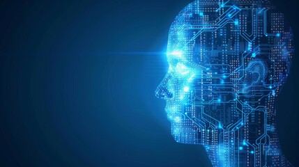 Fototapeta premium Technology and Engineering A digital profile of a human head composed of glowing blue circuitry and binary code