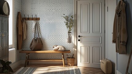 modern entrace hall, hallway with bench for relaxation, coat hangers