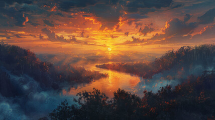 A breathtaking sunset casts a warm glow over a winding river snaking through a misty forest, creating a sense of tranquility and peace. The vibrant sky, the gentle river