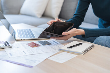Debt financial concept, stressed problem asian woman hand open empty wallet, purse not have budget...