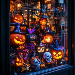 Fototapeta premium Festive Halloween window display featuring illuminated jack-o'-lanterns, witches' hats, skulls, and autumn decorations at night.