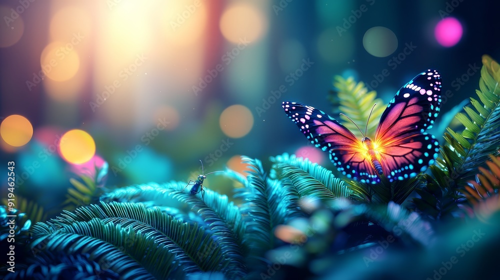 Canvas Prints Glowing Butterfly in a Tropical Forest.