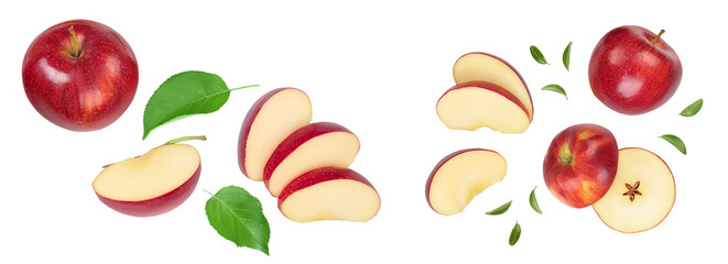 Red apple with half isolated on white background . Top view. Flat lay.