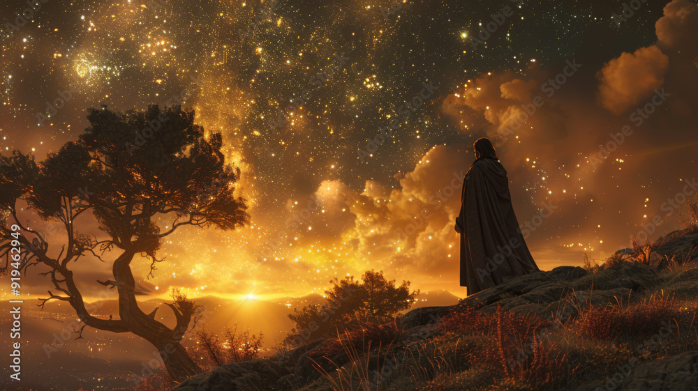 Wall mural A lone figure stands on a hilltop, silhouetted against a vibrant sunset and a breathtaking night sky filled with countless stars. The scene evokes a sense of wonder, mystery